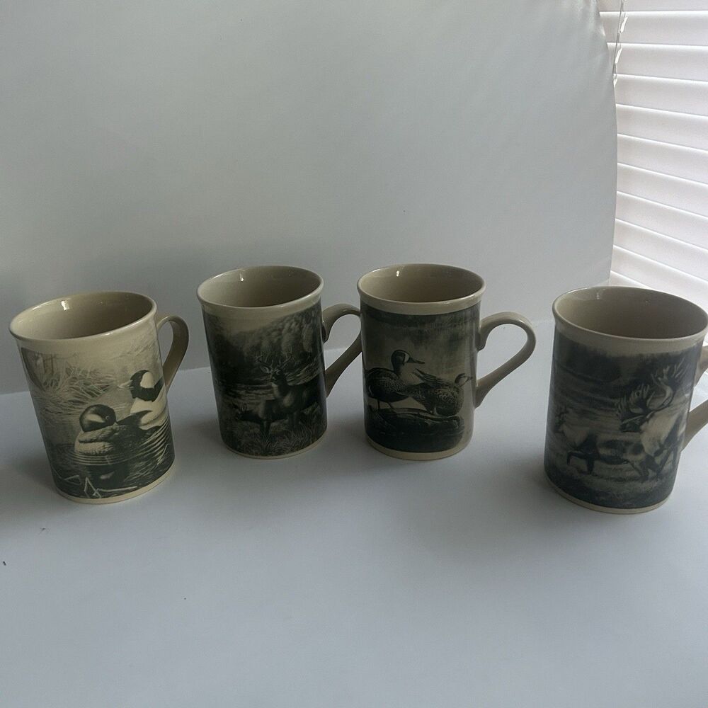 Vtg 90s Field & Stream Collectible Coffee Mugs Set of 4 DesignPac Deer Ducks Elk